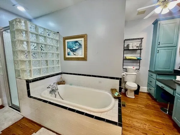 a bathroom with a bathtub and a shower