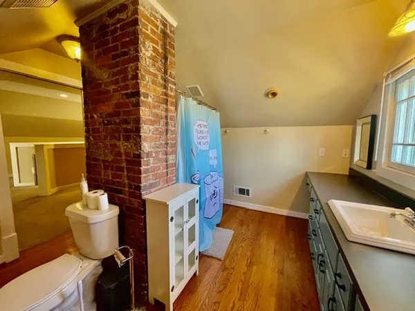 a bathroom with a sink mirror vanity and toilet