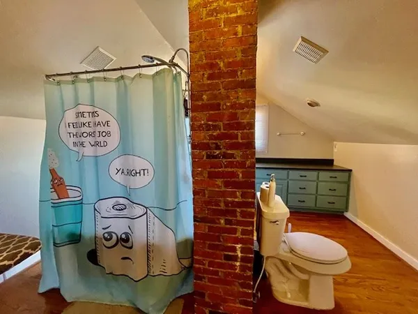 a bathroom with a toilet and a shower curtain