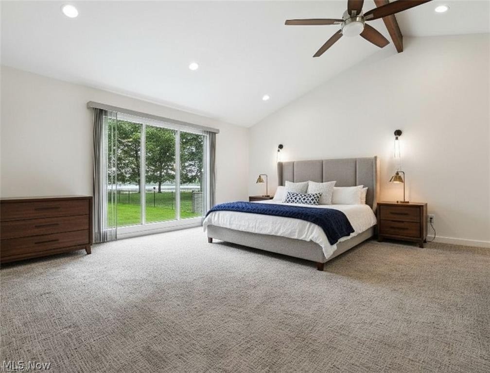 263 East Pine Lake Road North Lima, OH 44452 - Photo 27 of 50 Bedroom with recessed lighting, light colored carpet, a ceiling fan, and vaulted ceiling - AI generated