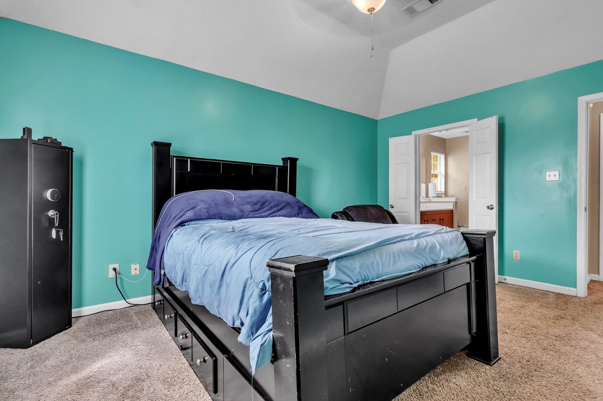 5930 Chadwell Road Millington, TN 38053 - Photo 12 of 17 Vaulted ceilings highlight this room featuring a teal accent wall and carpeted flooring