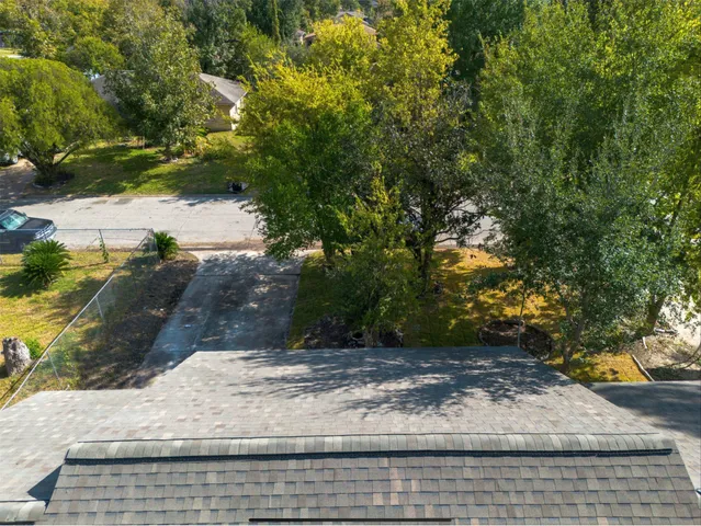 a view of a yard with plants and trees