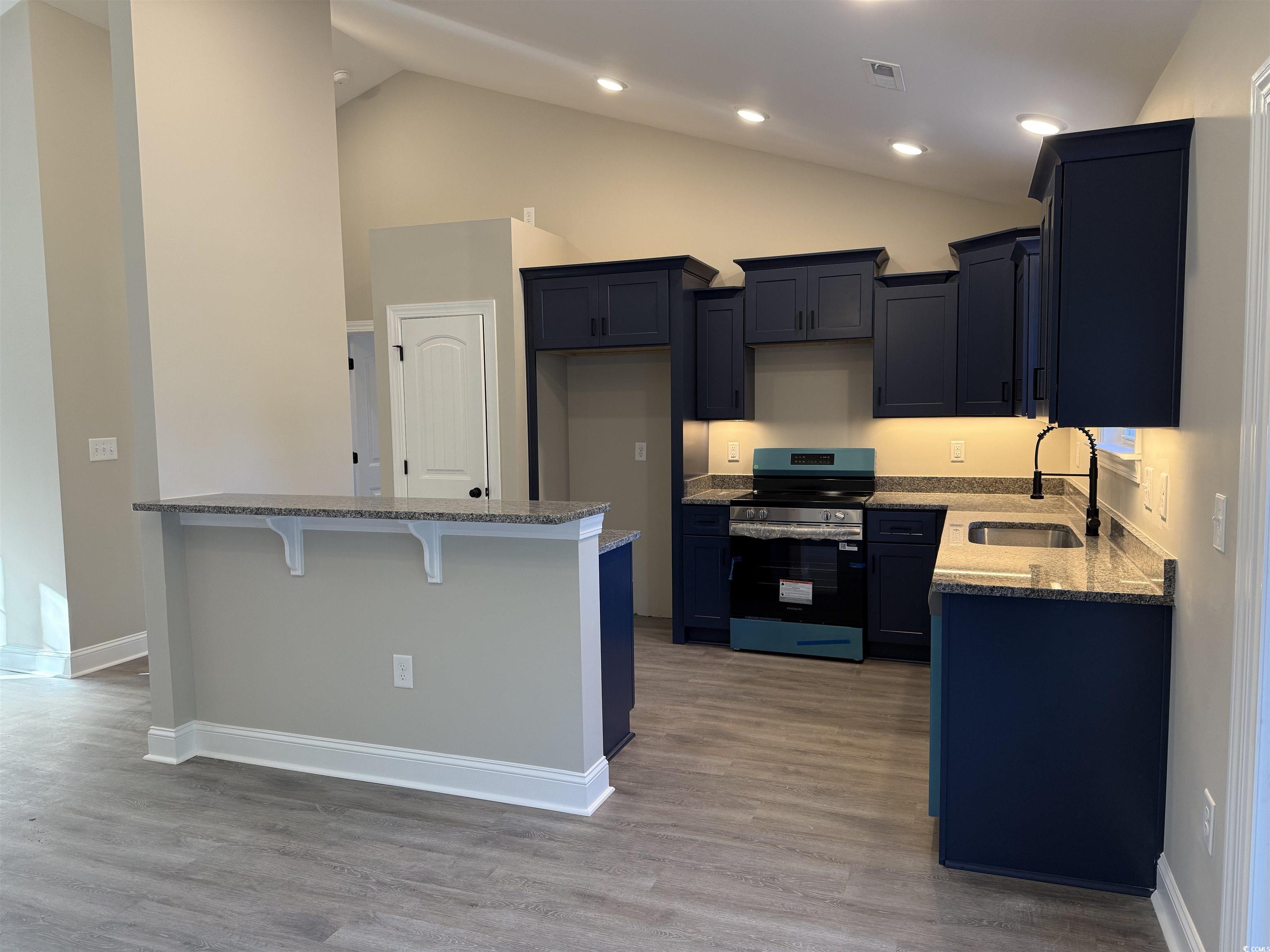242 Country Club Road Marion, SC 29571 - Photo 15 of 33 Kitchen featuring a kitchen breakfast bar, dark stone counters, electric stove, light wood-type flooring, and a peninsula
