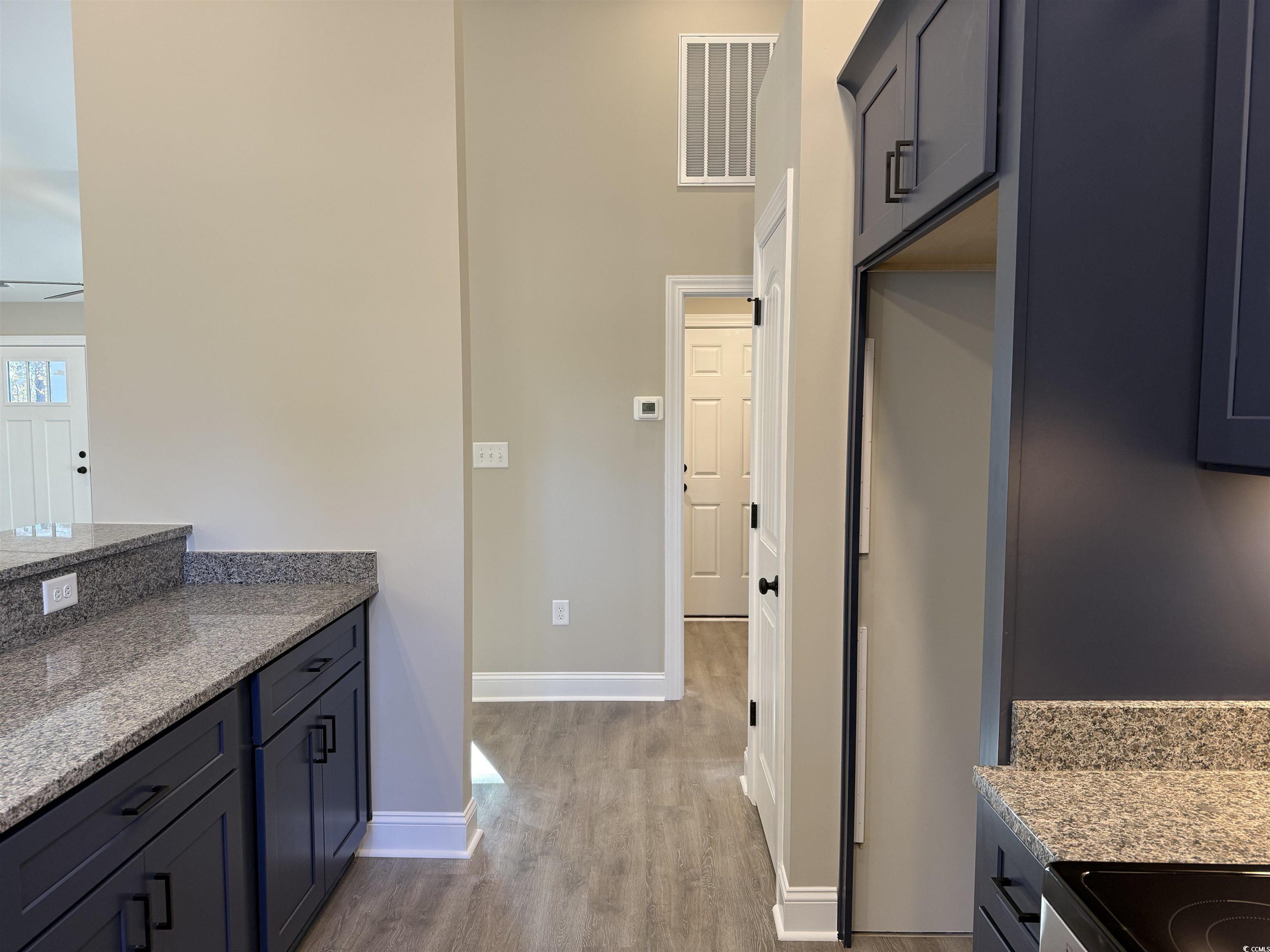 242 Country Club Road Marion, SC 29571 - Photo 19 of 33 Kitchen featuring light stone counters, light wood-style flooring, electric stove, and blue cabinetry