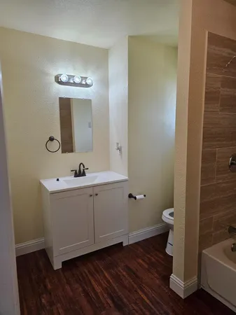 a bathroom with a toilet and a bathtub