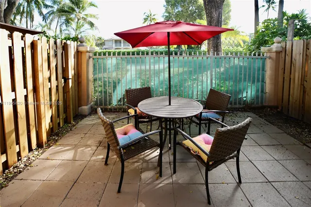 a patio with a patio table and chairs