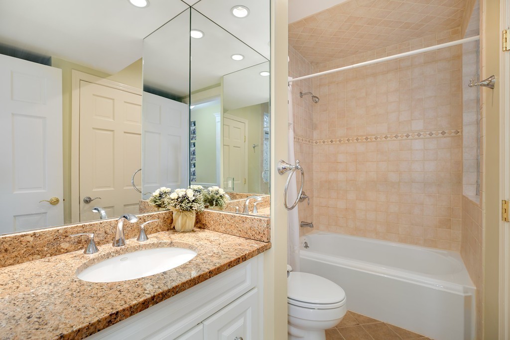 94 University Road, Unit 3 Brookline, MA 02446 - Photo 16 of 20 a bathroom with a granite countertop sink a toilet and shower