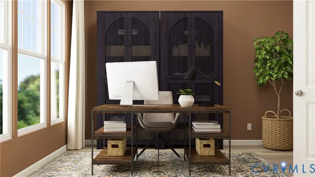 a dining room with furniture and window