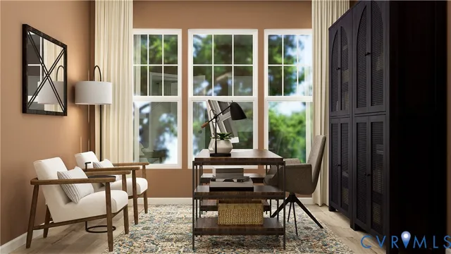 a view of a dining room with furniture window and outside view
