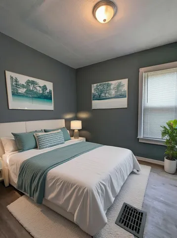 a bedroom with double bed and a window