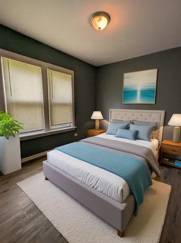 a bedroom with a large bed and a window