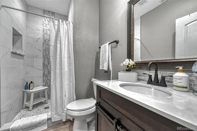 a bathroom with a sink a toilet and shower