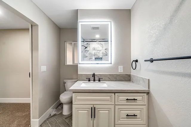 a bathroom with a sink toilet and vanity