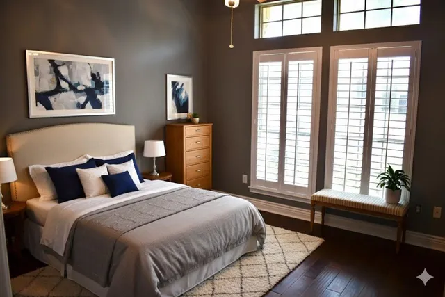 a bedroom with a bed painting and wooden floor