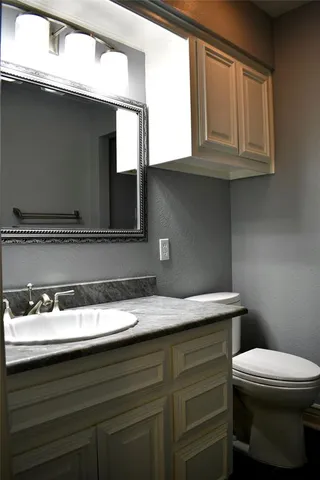 a bathroom with a sink a toilet and cabinets