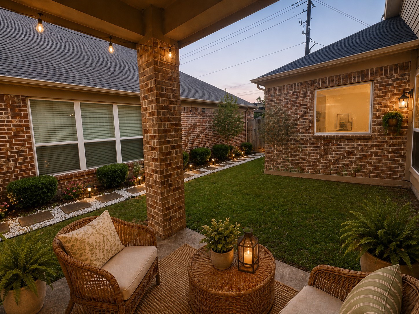 5410 Peppermint Lane Baytown, TX 77521 - Photo 8 of 22 Step outside to a cozy outdoor nook, virtually staged with garden furnishings and greenery to inspire a warm, boho-inspired space for relaxing, reading, or gathering with friends.