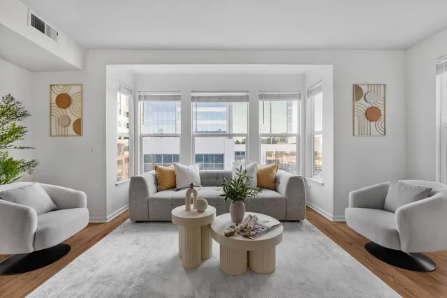 a living room with furniture and a potted plant