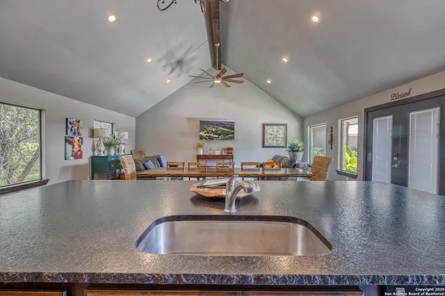 a view of kitchen countertops with wooden floor