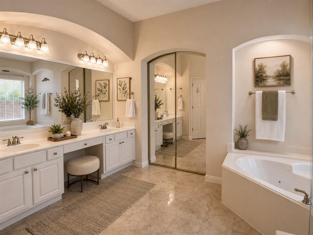 5708 Rickshaw Lane Plano, TX 75094 - Photo 17 of 28 Spacious bathroom featuring dual vanities with white cabinetry and integrated sinks, a built-in makeup area, a corner soaking tub, and tile flooring
