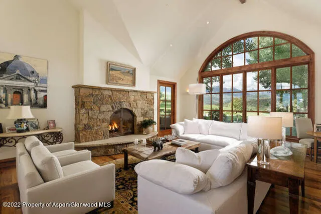 a living room with furniture a fireplace and a floor to ceiling window