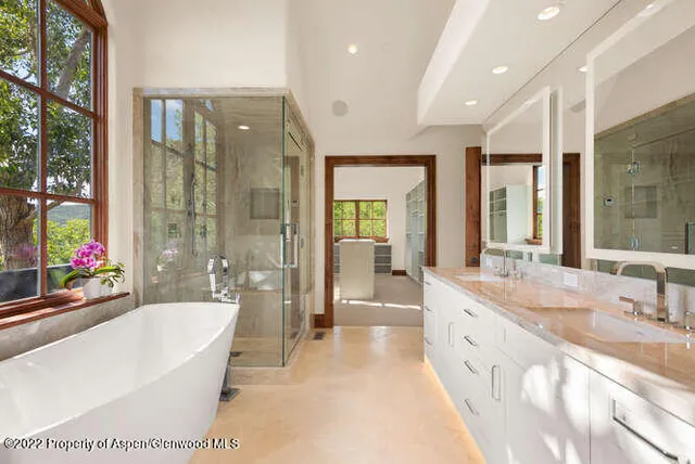 a bathroom with a tub a sink shower and a mirror