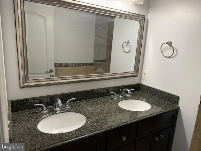 a bathroom with a sink double vanity and a mirror
