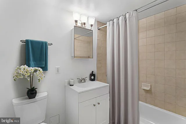 a bathroom with a sink a toilet and shower curtain