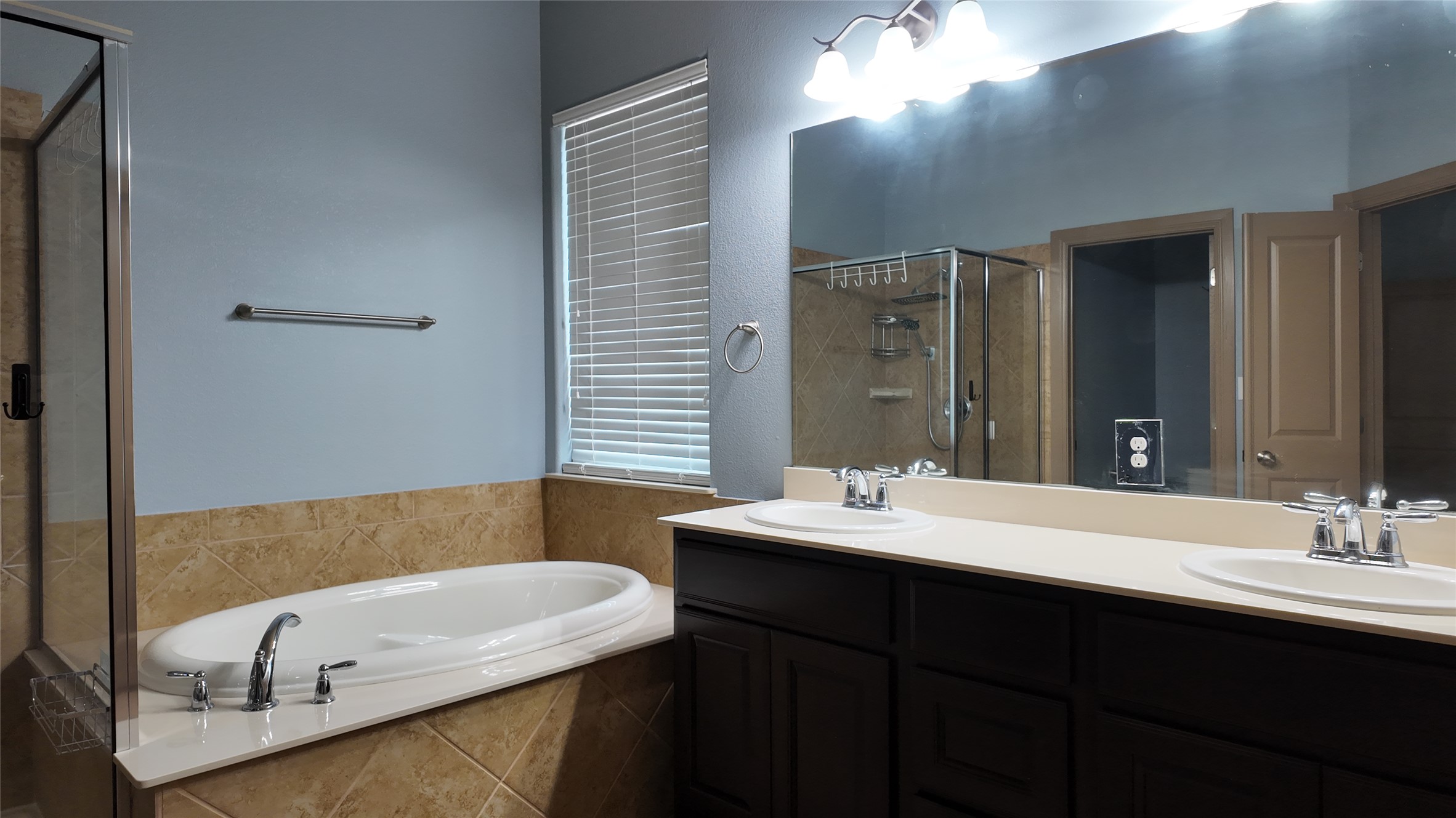 1601 Nelson Ranch Loop Cedar Park, TX 78613 - Photo 12 of 25 Bathroom featuring double vanity, a garden tub, and a shower stall