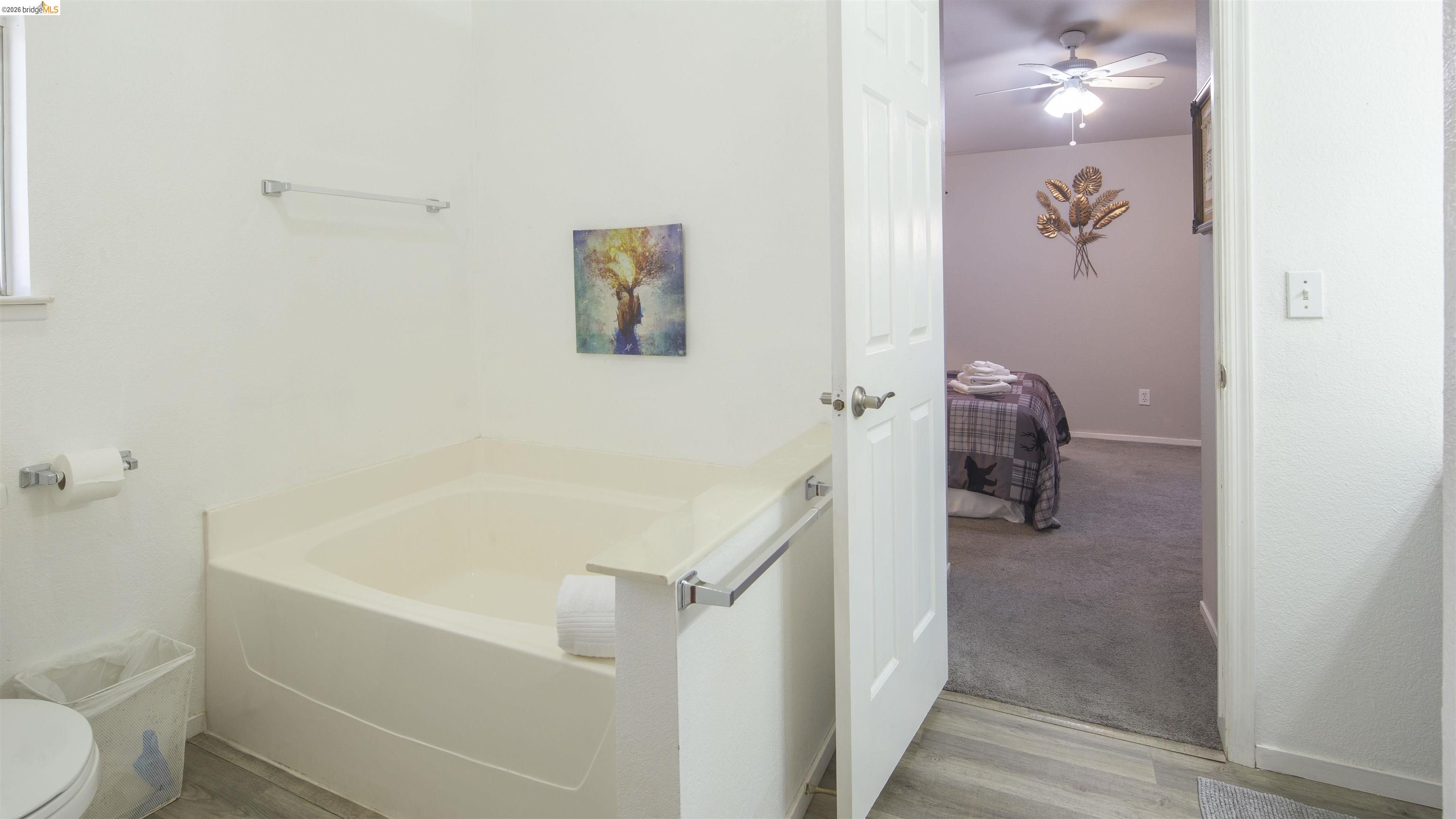 19327 Ferretti Road Groveland, CA 95321 - Photo 31 of 44 Built-in soaking tub, wood-finish flooring, white paneled door, and ceiling fan