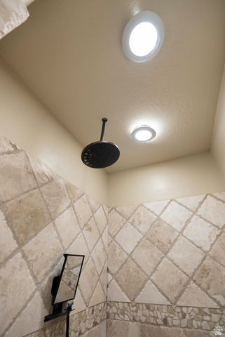 687 South 2080th Street East Springville, UT 84663 - Photo 24 of 149 Shower enclosure featuring diagonal tile work, pebble-style accent border, rain shower head, and recessed lighting