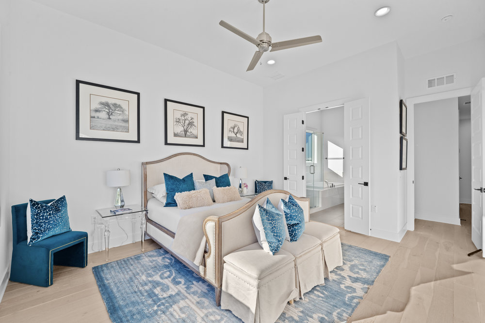 5001 Childers Path Austin, TX 78741 - Photo 22 of 40 Bedroom featuring light wood finished floors, recessed lighting, ceiling fan, and ensuite bath