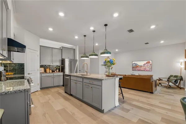 a view of a dining room with furniture