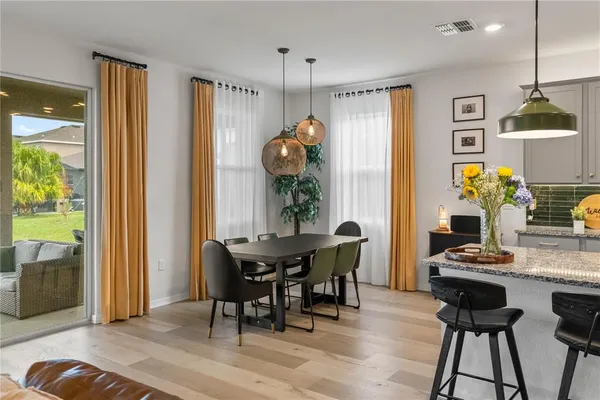 a view of a dining room with furniture window and wooden floor