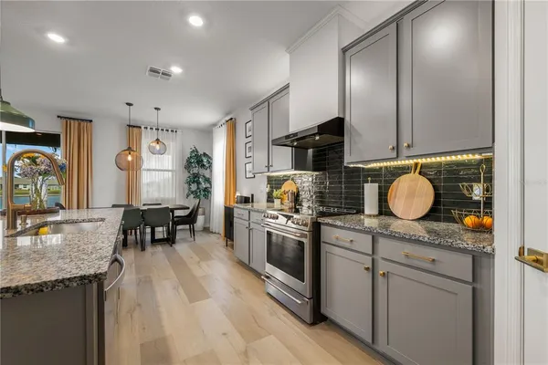 a kitchen with stainless steel appliances granite countertop a stove a sink dishwasher and a flat screen tv