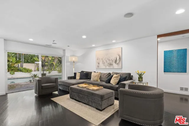 a garden view with a seating space