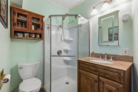 a bathroom with a granite countertop sink toilet and shower