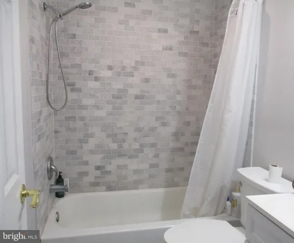 a bathroom with a bathtub and a toilet