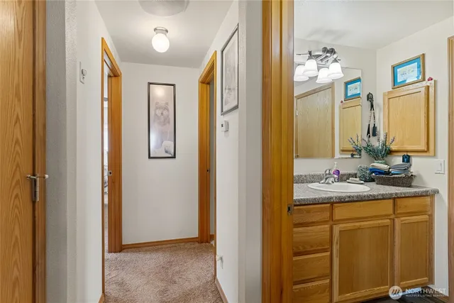 a bathroom with a sink vanity and mirror
