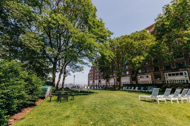 a view of a city with tall trees