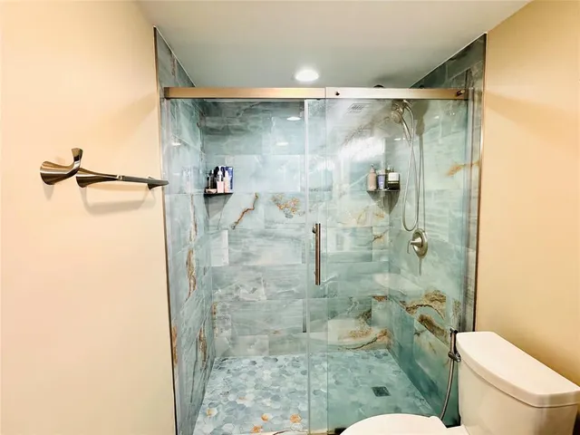 a bathroom with a shower and a toilet