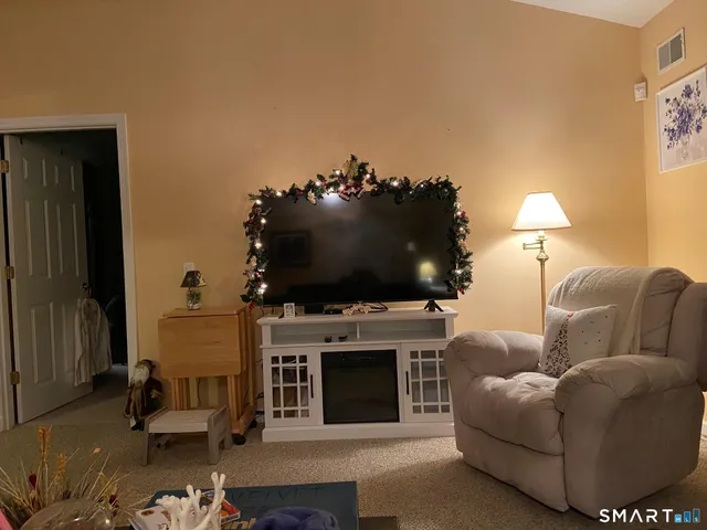 a living room with furniture a flat screen tv and a fireplace