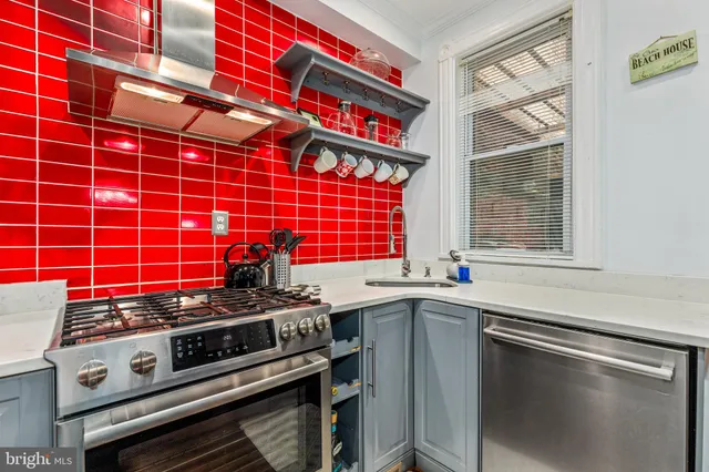 a kitchen with stainless steel appliances a stove a sink and a microwave