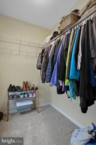a view of walk in closet with clothes and shoes