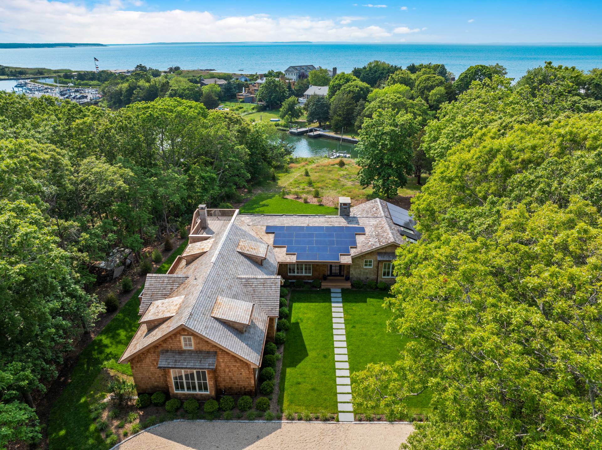 an aerial view of a house with a garden