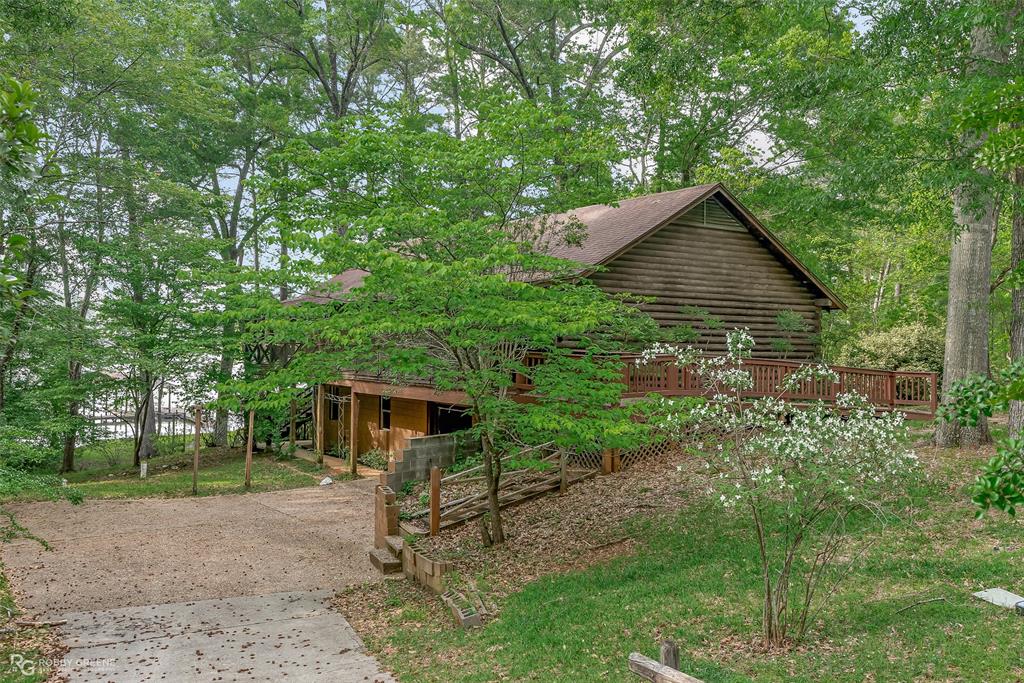 a backyard of a house with plants and large trees