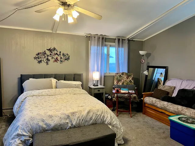 a bedroom with a bed and a chandelier