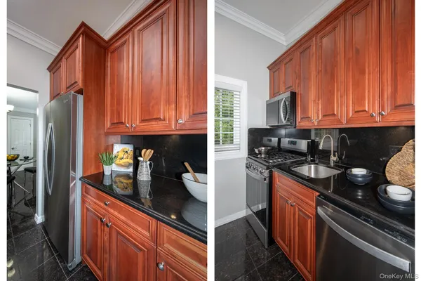 a kitchen with stainless steel appliances granite countertop a sink stove and refrigerator