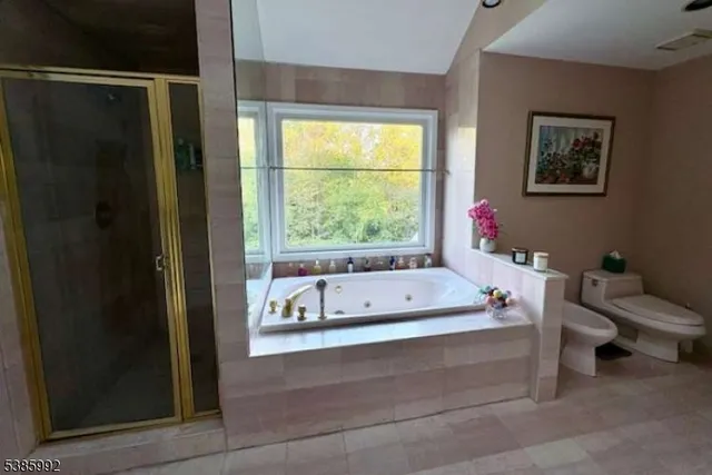 a bathroom with a tub a toilet and a window