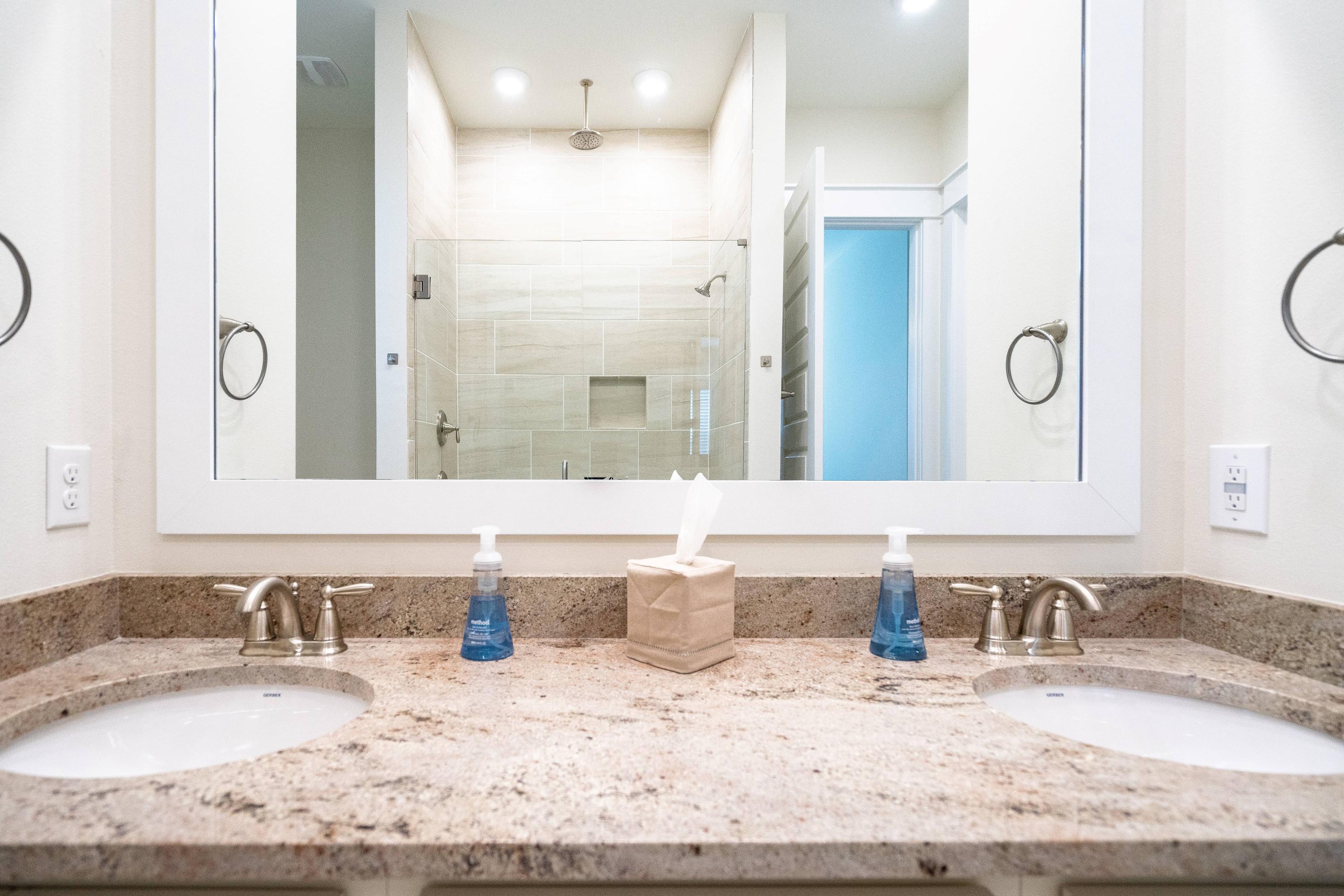 89 East Pine Lands Loop, Unit A Inlet Beach, FL 32461 - Photo 17 of 41 a bathroom with a granite countertop sink mirror and vanity