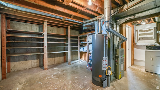 359 East 8400th Street South Sandy, UT 84070 - Photo 22 of 35 Unfinished basement with washer / dryer, water heater, and heating unit